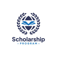 Globe Open Book with Laurel Wreath Logo Design Vector. Concept of education school scholarship, campus, university and college.