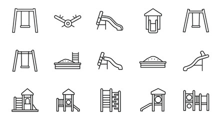A comprehensive collection of thin line icons representing playground equipment, featuring kid's swings, slides, sandboxes, and climbing structures, presented as vector elements on a clean white