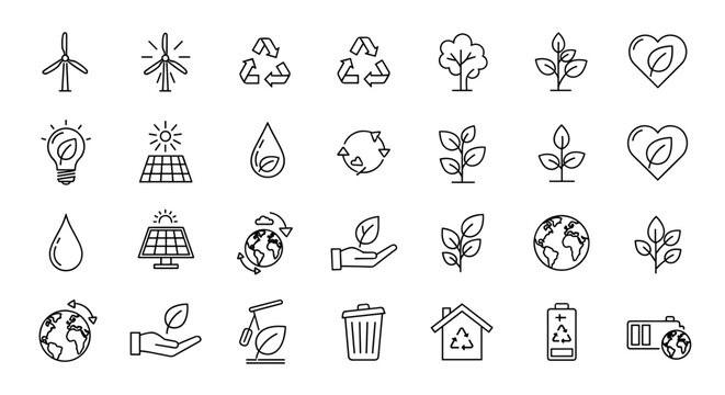 Vivid line icon set representing ecology, environment, sustainability, and green concepts, featuring renewable energy sources like wind turbines and solar panels, recycling symbols, plant growth