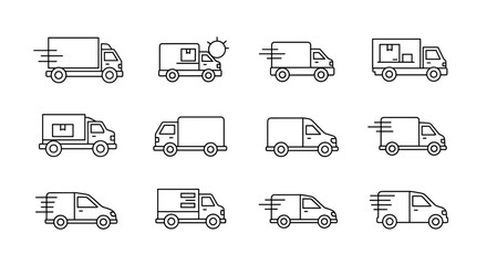 A diverse collection of thin line icons representing delivery trucks, vans, and various vehicles, perfect for web design, book illustrations, greeting cards, and mobile applications, offering