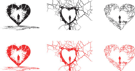 Collection silhouette of Broken heart illustration set vector design love heartbreak pain sadness grief art