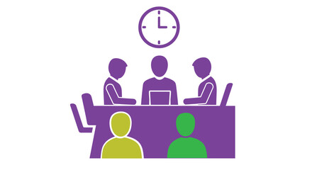 Group of people at a table with a clock above silhouette