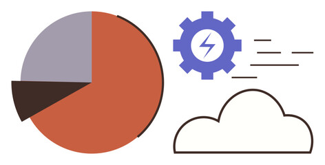 Pie chart with diverse segments, lightning power symbol within a gear, streaming lines, and cloud shape. Ideal for technology, analytics, energy, cloud computing, efficiency strategy simple flat