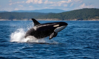 Fototapeta premium majestic orca breaching high out of the ocean