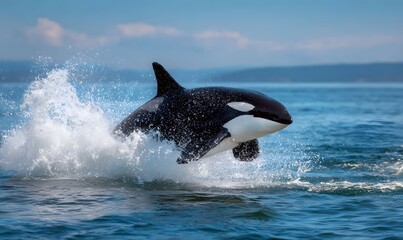 Obraz premium majestic orca breaching high out of the ocean