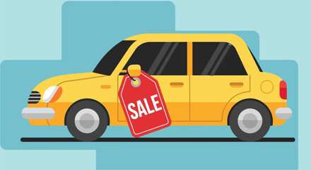 Fototapeta premium Yellow car with a sale tag hanging simple vector silhouette