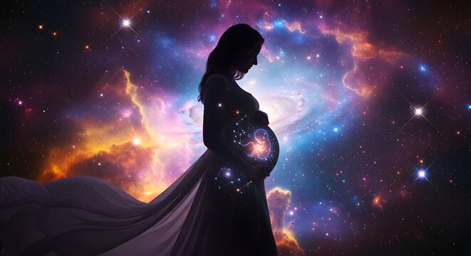 Silhouette of a pregnant woman with a galaxy inside her belly in space