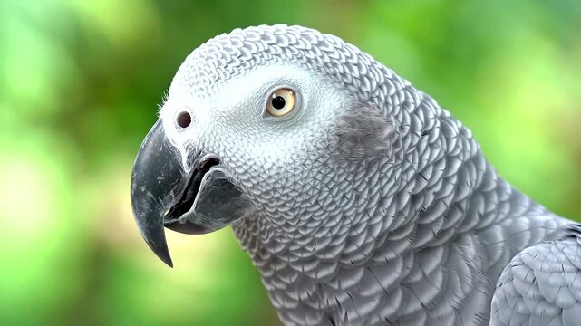 Close-up of an African Grey Parrot, showcasing its detailed plumage and sharp beak.