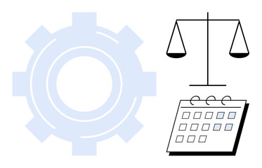 Balance scale for fairness, gear for productivity, and calendar for planning emphasize decision-making. Ideal for topics thumbs up law, organization, time management, teamwork, balance, strategy