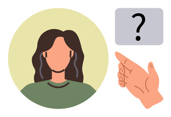 Person with wavy hair and green shirt framed by a circle, hand pointing to question mark. Ideal for decision-making, identity, hiring, anonymity, confusion, uncertainty exploration. Simple flat