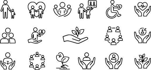 Fototapeta premium Collection of Icons Representing People and Care 