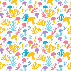 Playful Ocean Floor Seamless Pattern Featuring Whimsical Marine Life and Abstract Fungi Designs, Ideal for Creative Textile and Background Projects