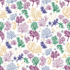 Vibrant Underwater Coral and Seaweed Garden Seamless Pattern with Marine Elements for Textile Design