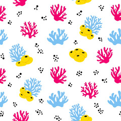 Vibrant Underwater Ocean Coral Reef Life Seamless Pattern with Colorful Marine Flora and Fauna Elements on White Background for Design Projects