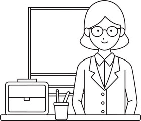 Cartoon teacher with briefcase and whiteboard in classroom ready for lesson