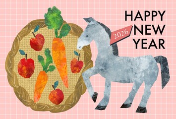 切り絵風に描いた馬とカゴに入った人参とリンゴの2026年午年の年賀状テンプレート