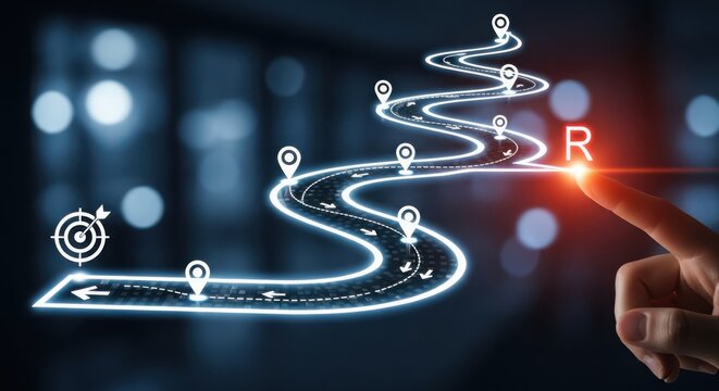 Digital roadmap with glowing lines and location pins showing a journey towards a target isolated on white background
