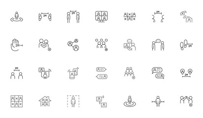 Social distancing icon set. Vector illustration. Incudes work from home, videocall, online communication no crowd, stay home and mre. Editable stroke.
