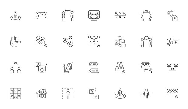 Social distancing icon set. Vector illustration. Incudes work from home, videocall, online communication no crowd, stay home and mre. Editable stroke.
