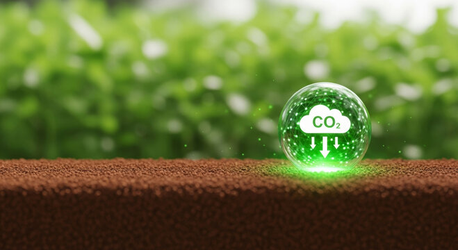 Carbon neutral economy concept bubble on soil with green glow representing carbon capture and sustainable agriculture