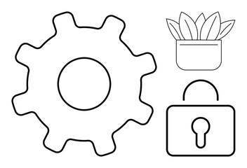Gear symbolizes technology, plant pot reflects growth, and padlock conveys security. Ideal for innovation, development, nature, safety, optimization productivity and balance themes. Simple flat