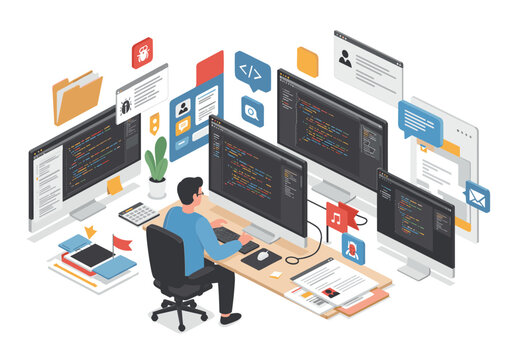 Programmer working on multiple computer screens displaying code and data.