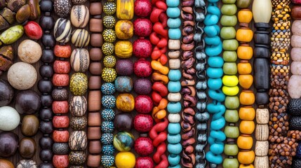 Colorful beaded necklaces displayed on a wooden surface, artisanal jewelry