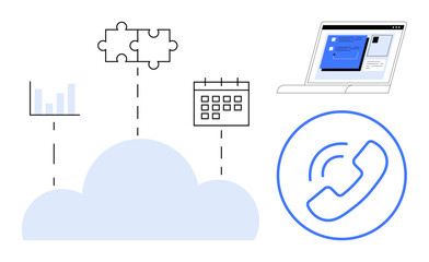 Cloud connecting puzzle, chart, calendar, call, and laptop representing seamless workflows, unified systems, communication, remote work data scheduling integration. Ideal for teamwork tech