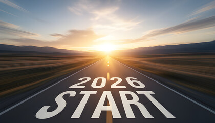 New year 2026 or start straight concept. word 2026 written on the road in the middle of asphalt road at sunset. Concept of planning and challenge, business strategy, opportunity and new life change