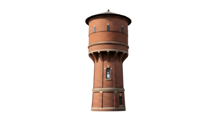 Old brick water tower vintage design historical structure architectural detail red brick tower water storage facility.