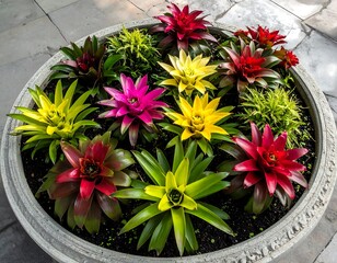 Colorful Bromeliads Arranged Concrete Planter
