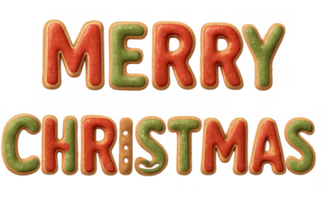 Merry christmas cookie text creating a festive holiday greeting with red and green icing on a transparent background