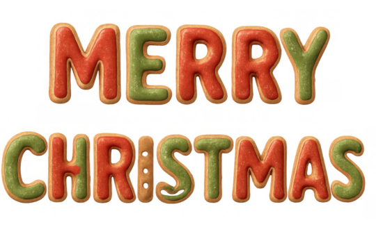 Merry christmas cookie text creating a festive holiday greeting with red and green icing on a transparent background
