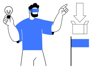 VR headset user interacts with creative ideas, innovation, delivery process, goals, future vision, exploration. Ideal for technology, creativity, goal achievement and problem-solving in simple flat