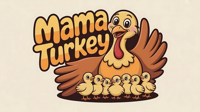 a vibrant graphic logo design featuring a cheerful, cartoonish turkey portrayed as a loving mother, created with generative ai
