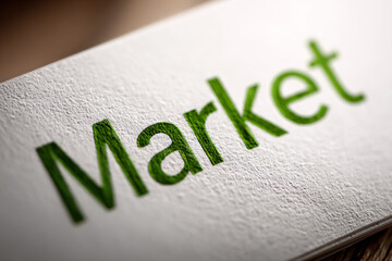 Close-up of the word market cut out on a textured white fabric surface with green background light, symbolizing sustainability, innovation, and eco-friendly business growth.