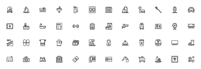 Hotel Services icon set. Vector illustration featurig bellboy, swimming pool, ifi, elevator, gym, spa, rceptionist, breakfast, lugage, parking and more. Ediable stroke.