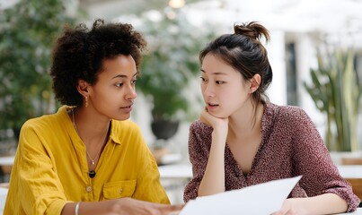 people sitting at a table comparing differences, one pointing at a paper while the other listens thoughtfully, diverse appearance, bright and modern indoor setting with natural lighting