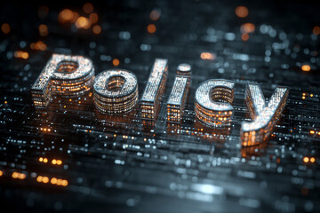 3D digital rendering of the word "Policy" made of glowing dots and data particles, symbolizing technology governance and digital regulation.