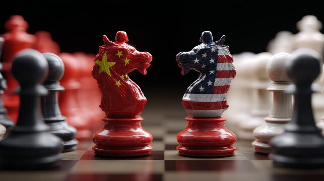 An image showing chess pieces with Chinese and US flags representing international geopolitical competition and strategic interaction.