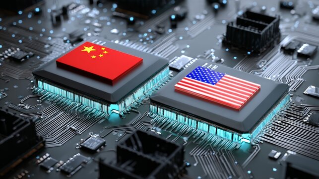 Microchips featuring Chinese and American flags on a circuit board, symbolizing tech competition and global semiconductor industry dynamics.