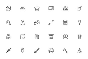 Bakery icon set. Vector illustration. Includes symbos for bread, cake, oven, cef, donut, pizza, ice crea, whisk, spatula and more.Editable stroke.