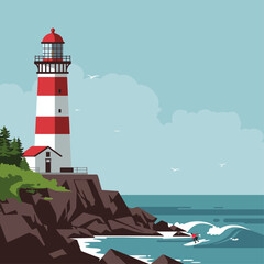 Scenic coastal landscape with a traditional red and white striped lighthouse on a rocky cliff overlooking the ocean, with a small surfer in the water.