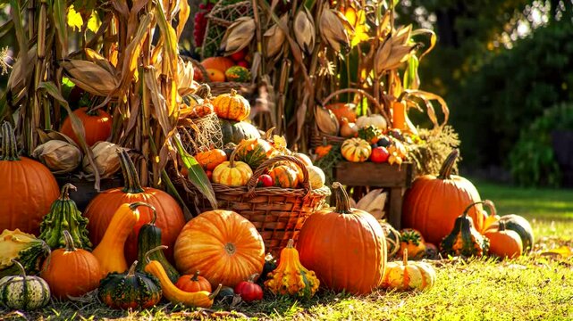 Beautiful autumn harvest display featuring various pumpkins, gourds, and corn stalks in warm sunlight. - Powered by Adobe