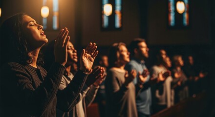 A diverse congregation worships together in church. People with hands raised in prayer and praise during a service. Christian faith, spirituality, and community concept