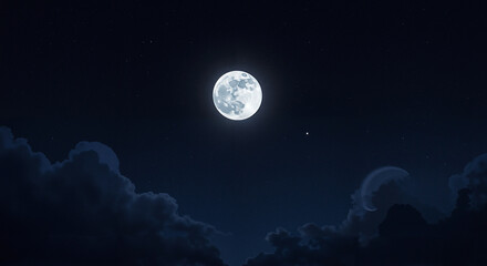 Full moon shining brightly in a night sky with clouds, serene landscape concept
