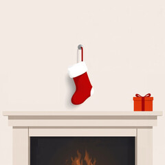Red Christmas stocking hanging on the mantel above a fireplace with a gift box, holiday decoration concept