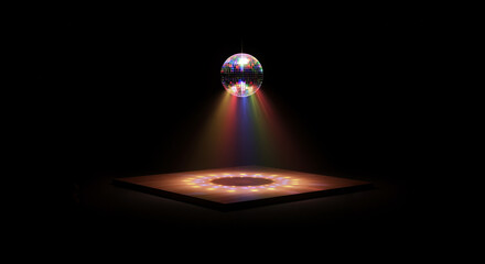 Disco ball reflecting colorful lights onto the dance floor in a dark setting, festive party concept