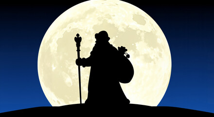 Silhouette of Santa Claus with a sack and staff against full moon background, Christmas night concept