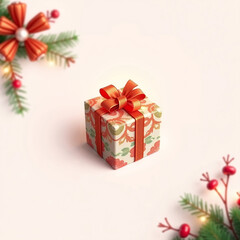 Decorative gift box with ribbon surrounded by festive decorations, holiday celebration concept